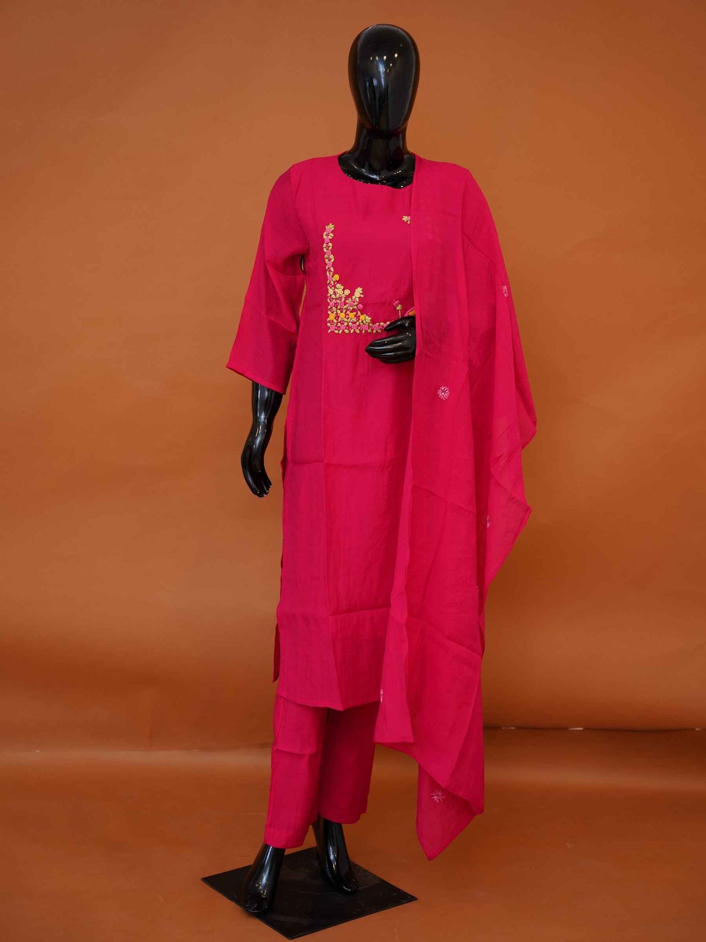Hot pink Jamdani cotton 3-piece kurti set with floral neckline embroidery and matching dupatta