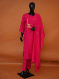 Hot pink Jamdani cotton 3-piece kurti set with floral neckline embroidery and matching dupatta