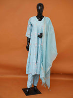 Sky blue Chanderi cotton 3-piece kurti set with floral embroidery and silver zari dupatta