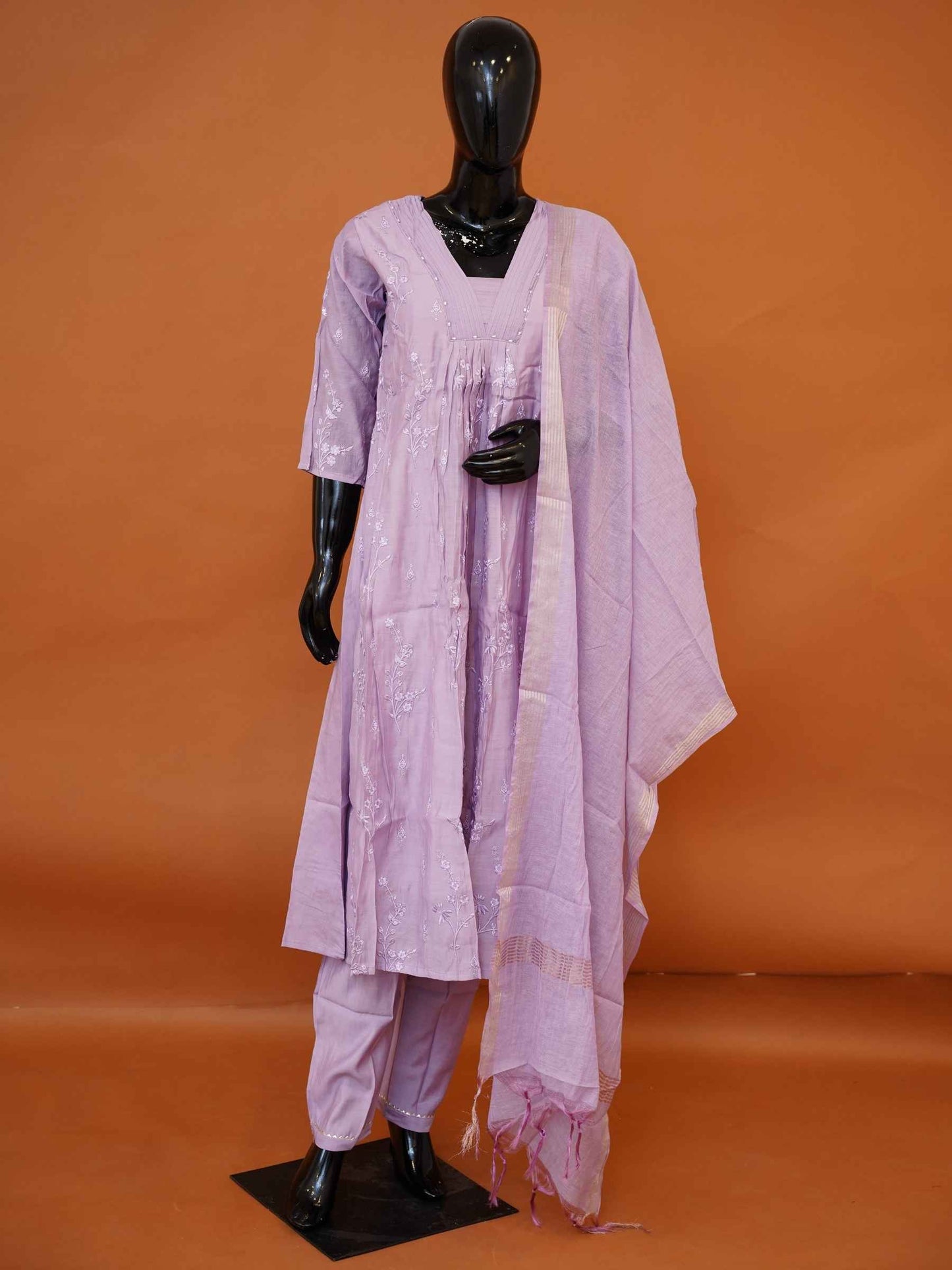 Lavender lilac Chanderi cotton 3-piece anarkali suit set with white floral embroidery and zari border dupatta