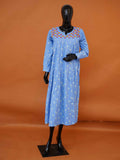 Light blue cotton denim tiered midi dress top with palm tree print and embroidered yoke