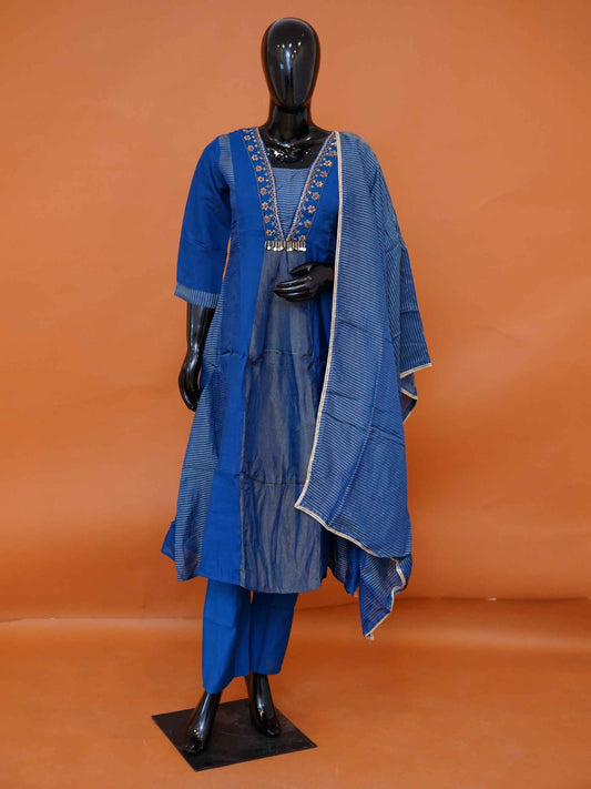 Royal blue Mul silk 3-piece kurti set with beadwork neckline embroidery and striped dupatta