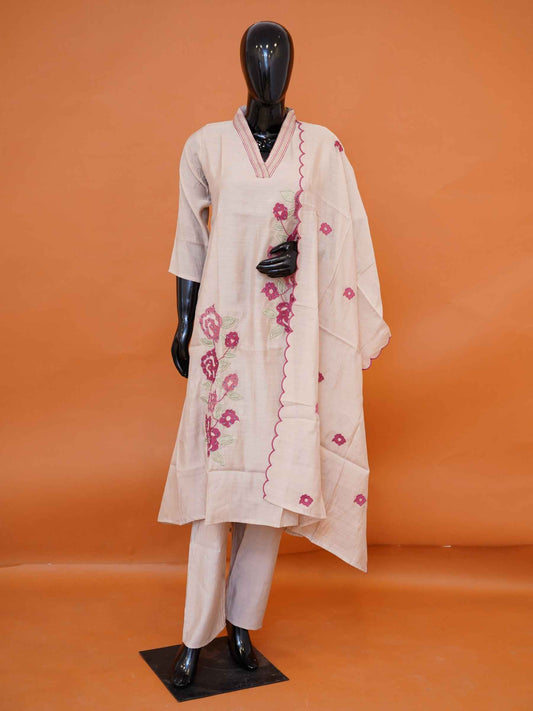 Pastel beige Mul silk 3-piece kurti set with magenta floral embroidery and scalloped dupatta