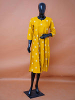Mustard yellow crepe silk flared kurti top with white floral thread embroidery