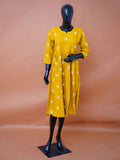 Mustard yellow crepe silk flared kurti top with white floral thread embroidery