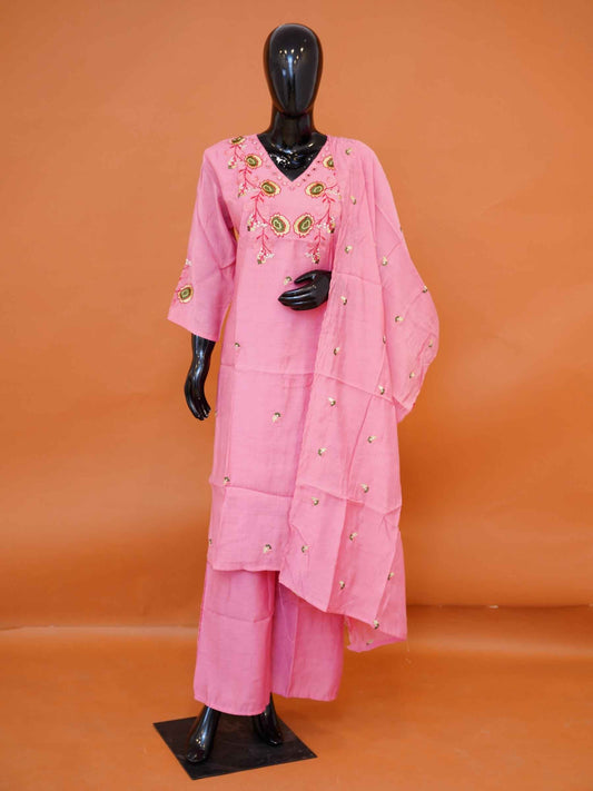 Candy pink Mul silk 3-piece kurti set with floral neckline embroidery and booti dupatta