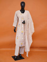 Pastel taupe beige Mul silk 3-piece kurti set with floral embroidery and scalloped dupatta