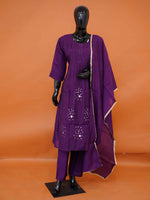 Deep purple Mul silk 3-piece kurti set with mirror work and gold lace dupatta