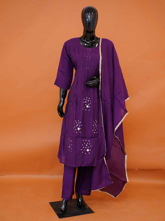 Deep purple Mul silk 3-piece kurti set with mirror work and gold lace dupatta