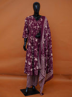 Plus Size Deep Plum Wine Floral Printed Cotton Angrakha 3-Piece Suit Set - 3XL to 6XL
