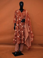 Rust orange pure cotton Angrakha 3-piece suit set with cream floral print and geometric pants
