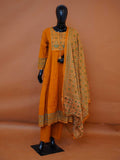 Plus-size Mustard Yellow Flared Cotton 3-Piece Suit Set with Embroidered Yoke & Bandhani-Style Dupatta - 3XL to 6XL
