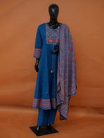 Teal blue pure cotton flared 3-piece suit set with embroidered red yoke and printed Ajrakh style dupatta