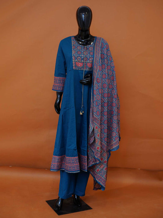 Teal blue pure cotton flared 3-piece suit set with embroidered red yoke and printed Ajrakh style dupatta