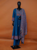 Teal blue pure cotton flared 3-piece suit set with embroidered red yoke and printed Ajrakh style dupatta