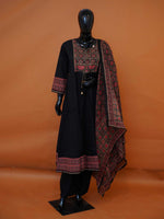 Jet black pure cotton flared 3-piece suit set with embroidered red yoke and printed Ajrakh style dupatta