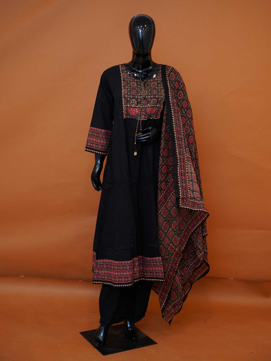 Jet black pure cotton flared 3-piece suit set with embroidered red yoke and printed Ajrakh style dupatta