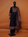 Jet black pure cotton flared 3-piece suit set with embroidered red yoke and printed Ajrakh style dupatta