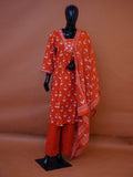 Rust orange pure cotton 3-piece suit set with white leaf block print and embroidered V-neck