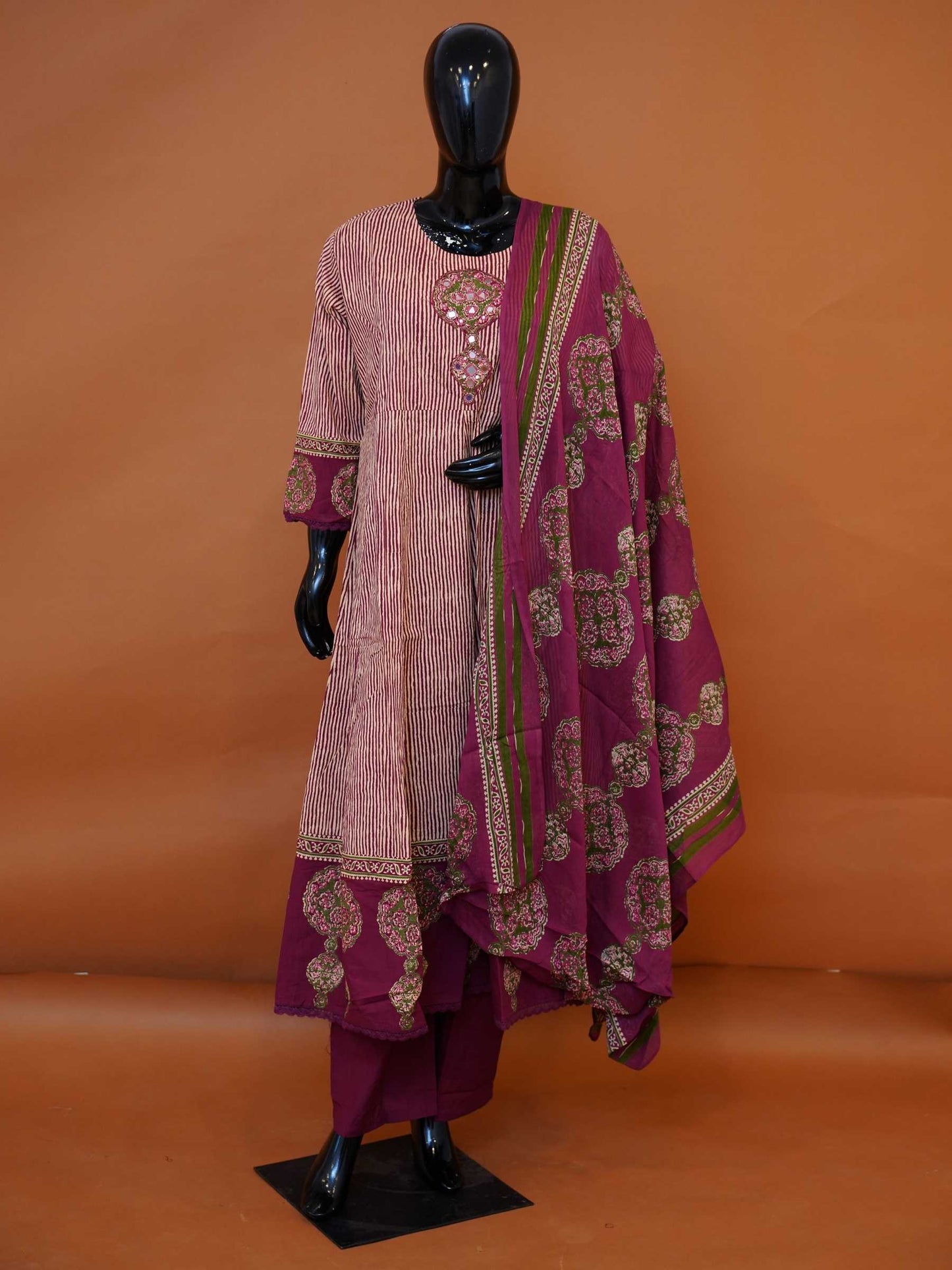 Deep wine and beige flared pure cotton 3-piece suit set with mirror sequin yoke