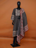 Plus-Size Black & Maroon Ajrakh Block Printed Cotton 3-Piece Suit Set with Sequined Yoke - 3XL to 5XL