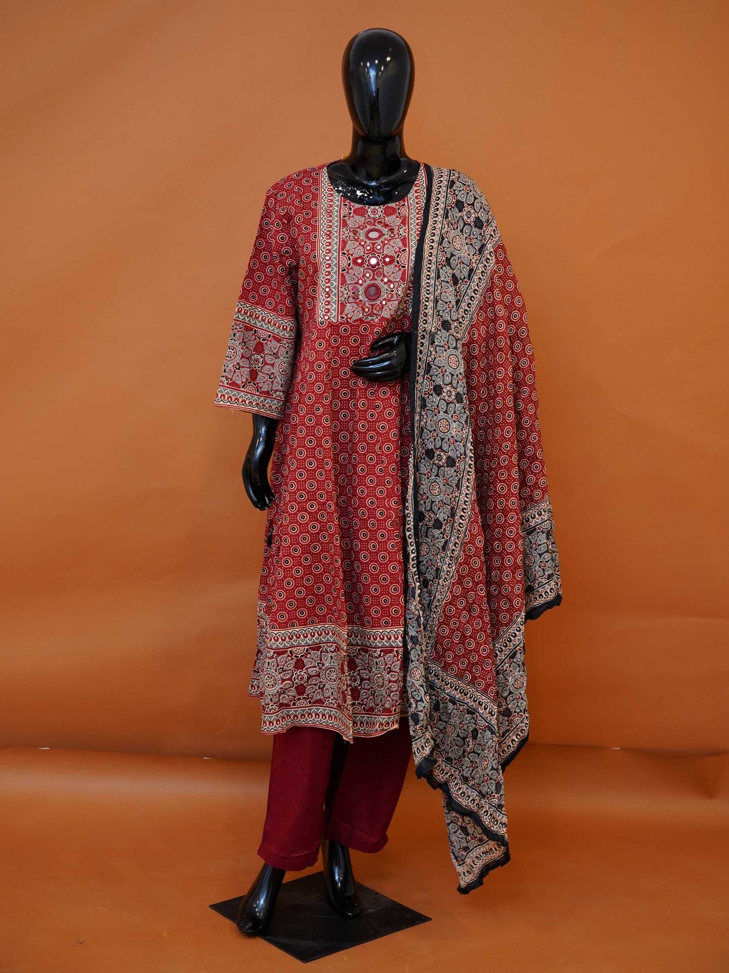 Rust red and black Ajrakh printed pure cotton 3-piece suit set with sequined embroidered yoke