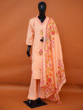 Pastel peach pure cotton 3-piece suit set with pink and orange floral print and embroidered V-neck