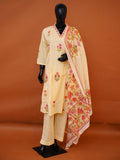 Pastel lemon yellow pure cotton 3-piece suit set with pink and orange floral print and embroidered V-neck