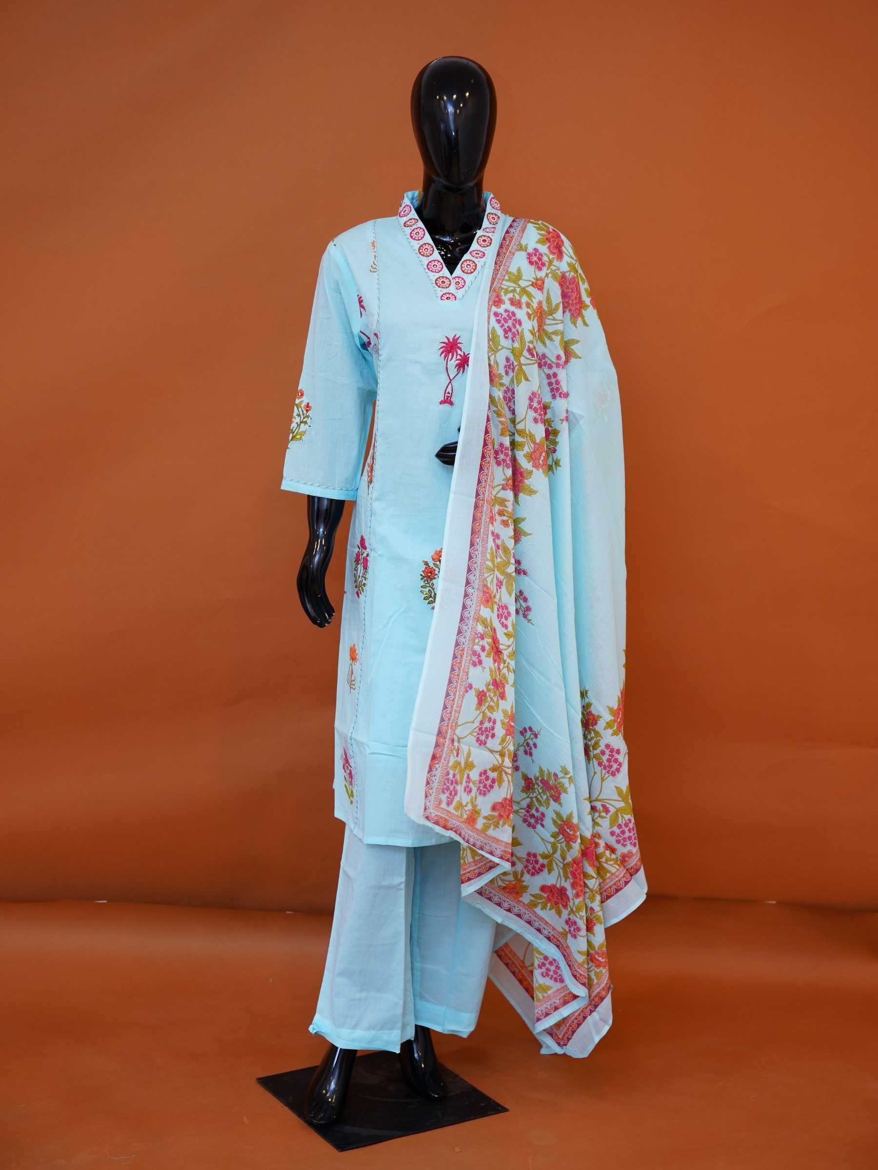 Sky blue pure cotton 3-piece suit set with pink and orange floral print and embroidered V-neck