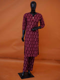 Maroon and pink block printed cotton 2-piece kurti set with shell tassels