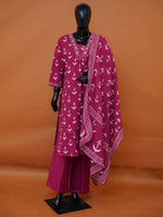 Magenta pink pure cotton 3-piece suit set with white block prints and embroidered neckline