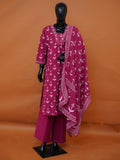 Magenta pink pure cotton 3-piece suit set with white block prints and embroidered neckline