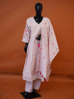 Pastel blush pink Chanderi silk 3-piece Angrakha suit set with floral embroidery and tassels