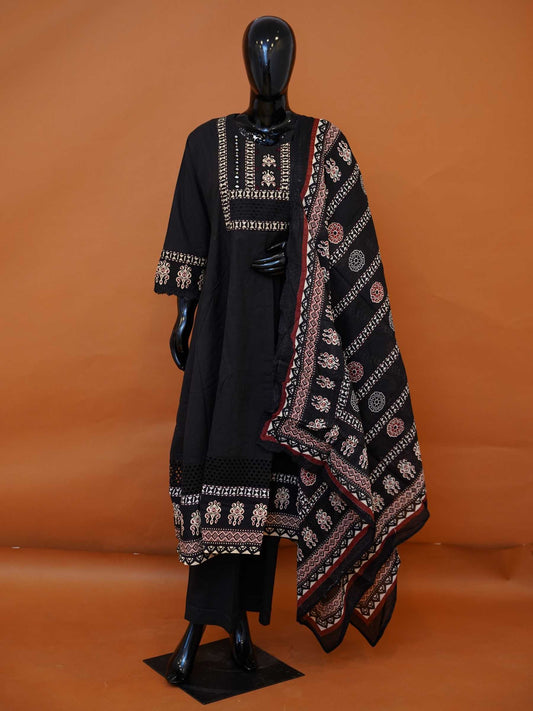 Jet black pure cotton 3-piece suit set with geometric embroidered yoke and printed Ajrakh dupatta