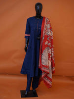 Navy blue pure cotton flared 3-piece suit set with mirror work embroidery and red Kalamkari dupatta