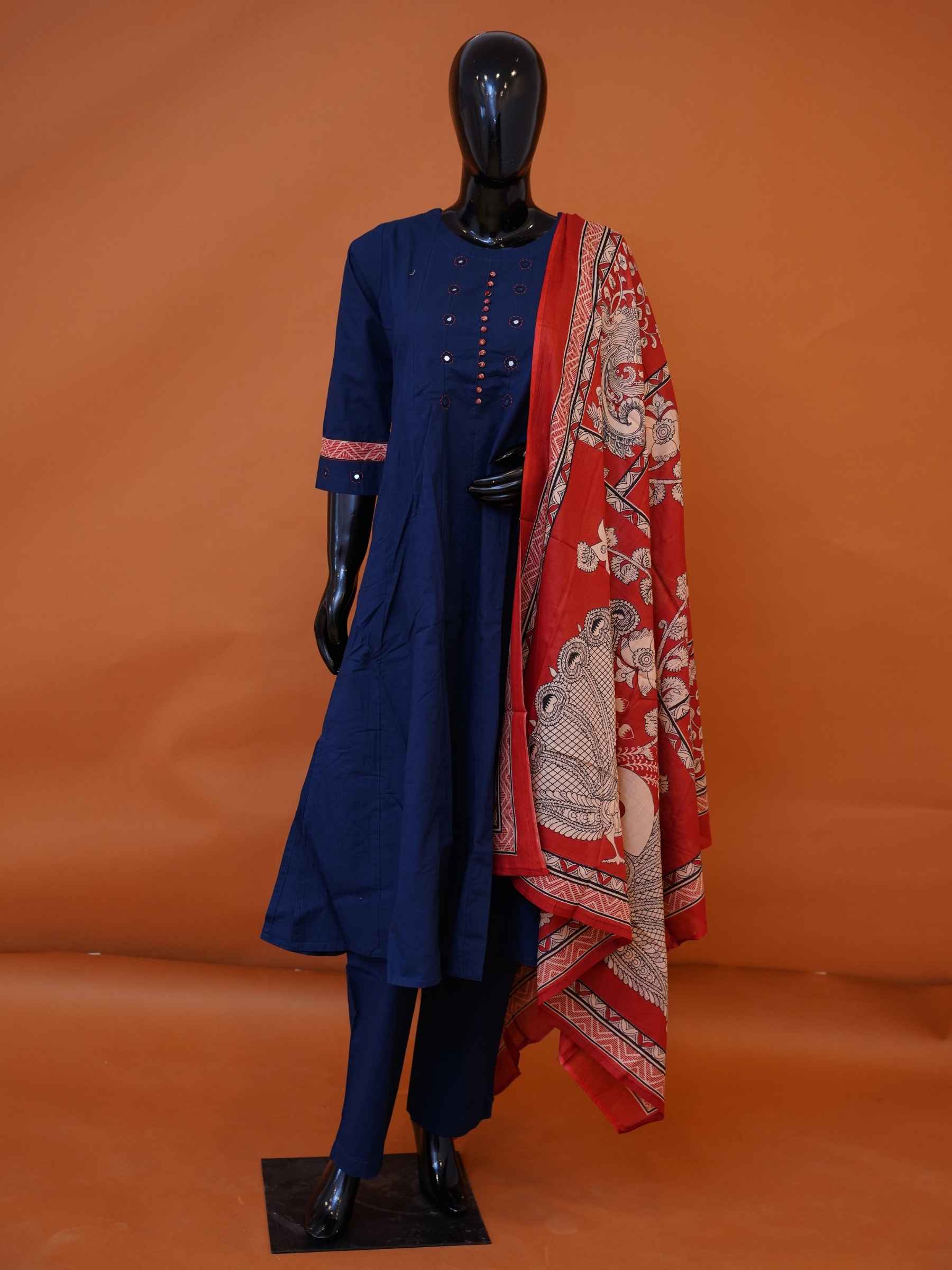 Navy blue pure cotton flared 3-piece suit set with mirror work embroidery and red Kalamkari dupatta