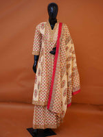 Beige and crimson floral block printed pure cotton 3-piece suit set with embroidered neck yoke