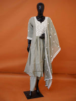 Sage green Muslin silk 3-piece flared kurti set with white Chikankari style embroidery and matching dupatta