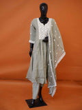 Sage green Muslin silk 3-piece flared kurti set with white Chikankari style embroidery and matching dupatta