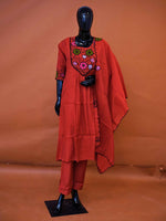 Rust orange red muslin silk 3-piece suit set with black floral cutwork yoke embroidery