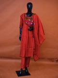 Rust orange red muslin silk 3-piece suit set with black floral cutwork yoke embroidery