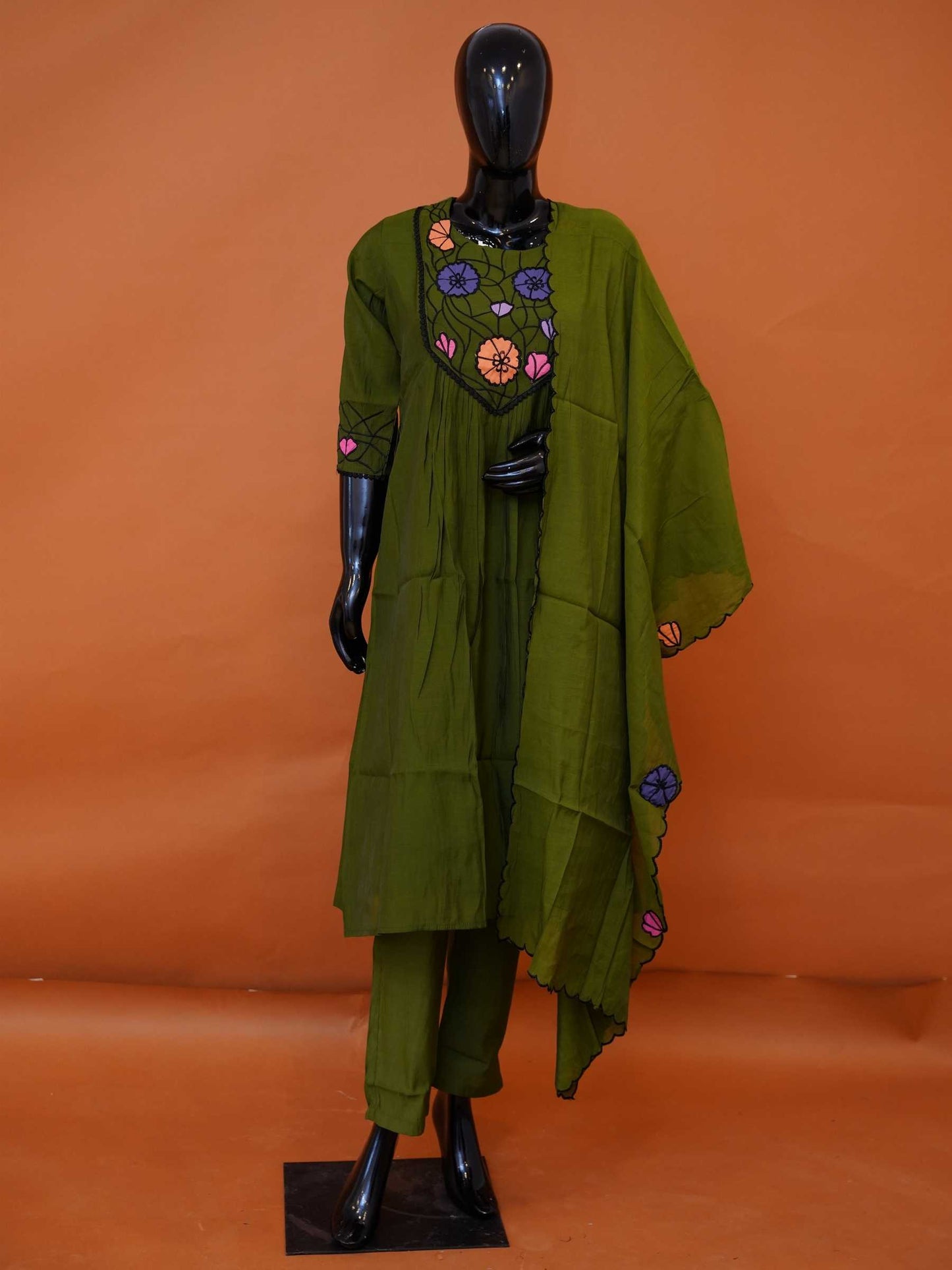 Olive green muslin silk 3-piece suit set with multi-color cutwork floral embroidered yoke