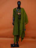 Olive green muslin silk 3-piece suit set with multi-color cutwork floral embroidered yoke