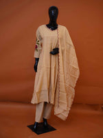 Warm beige muslin silk 3-piece suit set with maroon scallop cutwork dupatta border