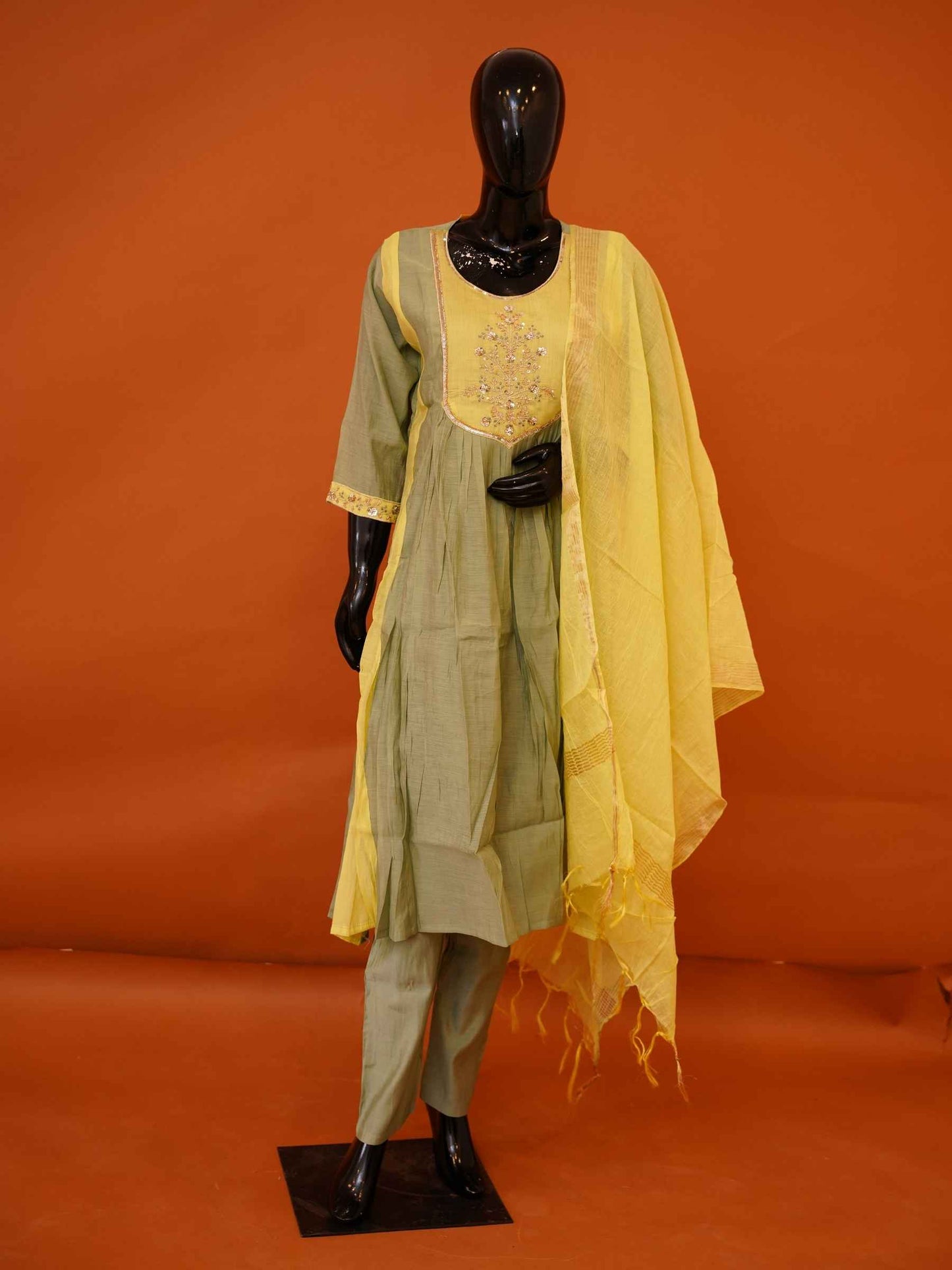 Olive green and lemon yellow Chanderi silk 3-piece suit set with zardozi embroidered yoke