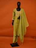 Olive green Chanderi silk 3-piece suit set with detailed embroidered U-neck yoke