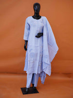 Sky blue Muslin silk 3-piece kurti set with tonal floral hand embroidery and potli buttons