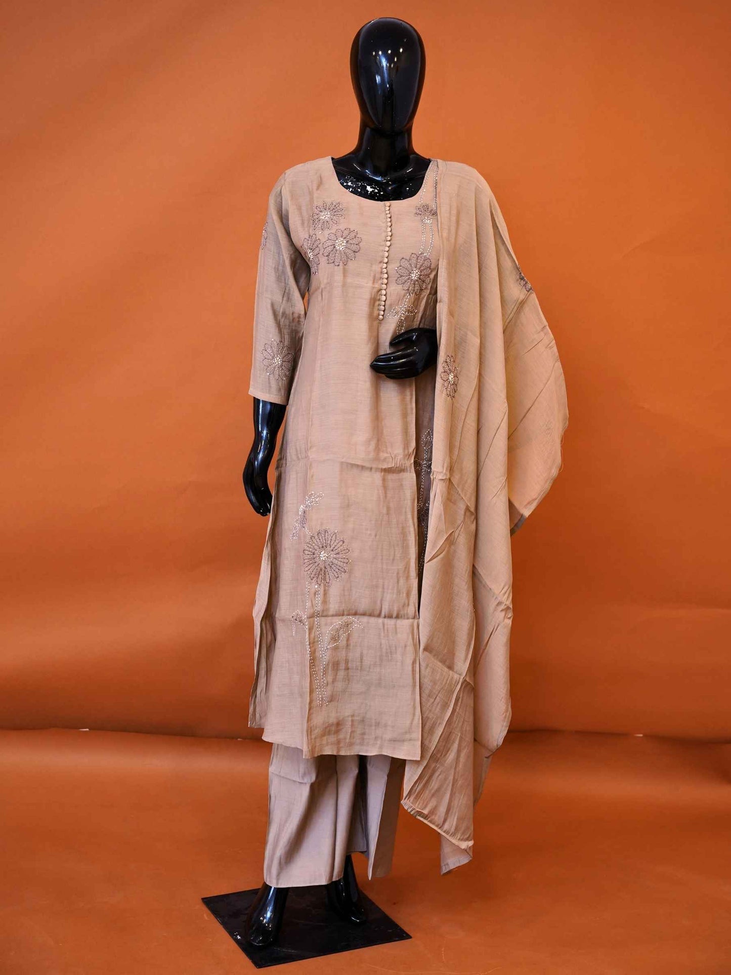Taupe beige muslin silk 3-piece suit set with floral sequin embroidery and potli buttons