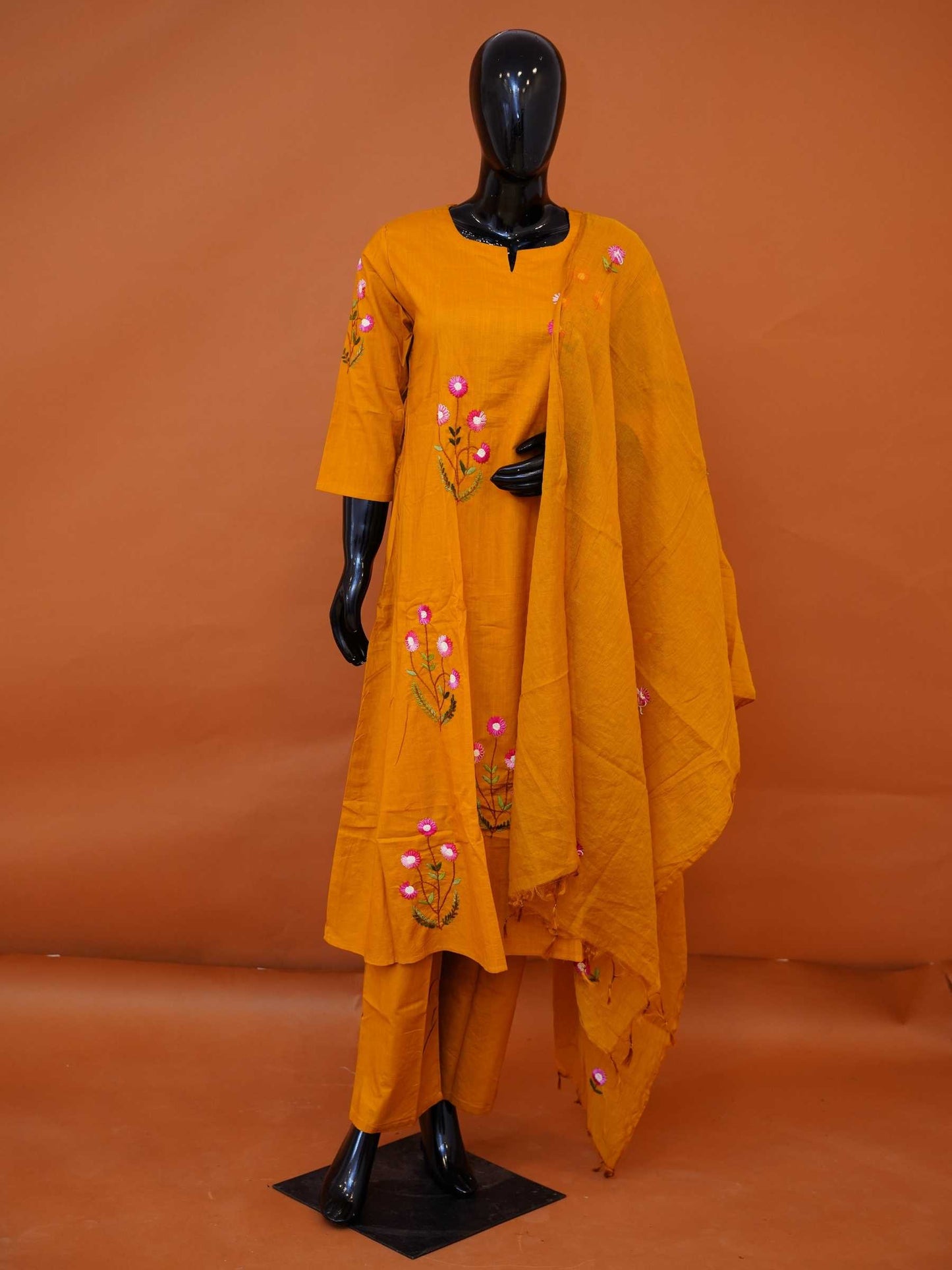 Mustard yellow muslin silk 3-piece suit set with pink floral embroidery