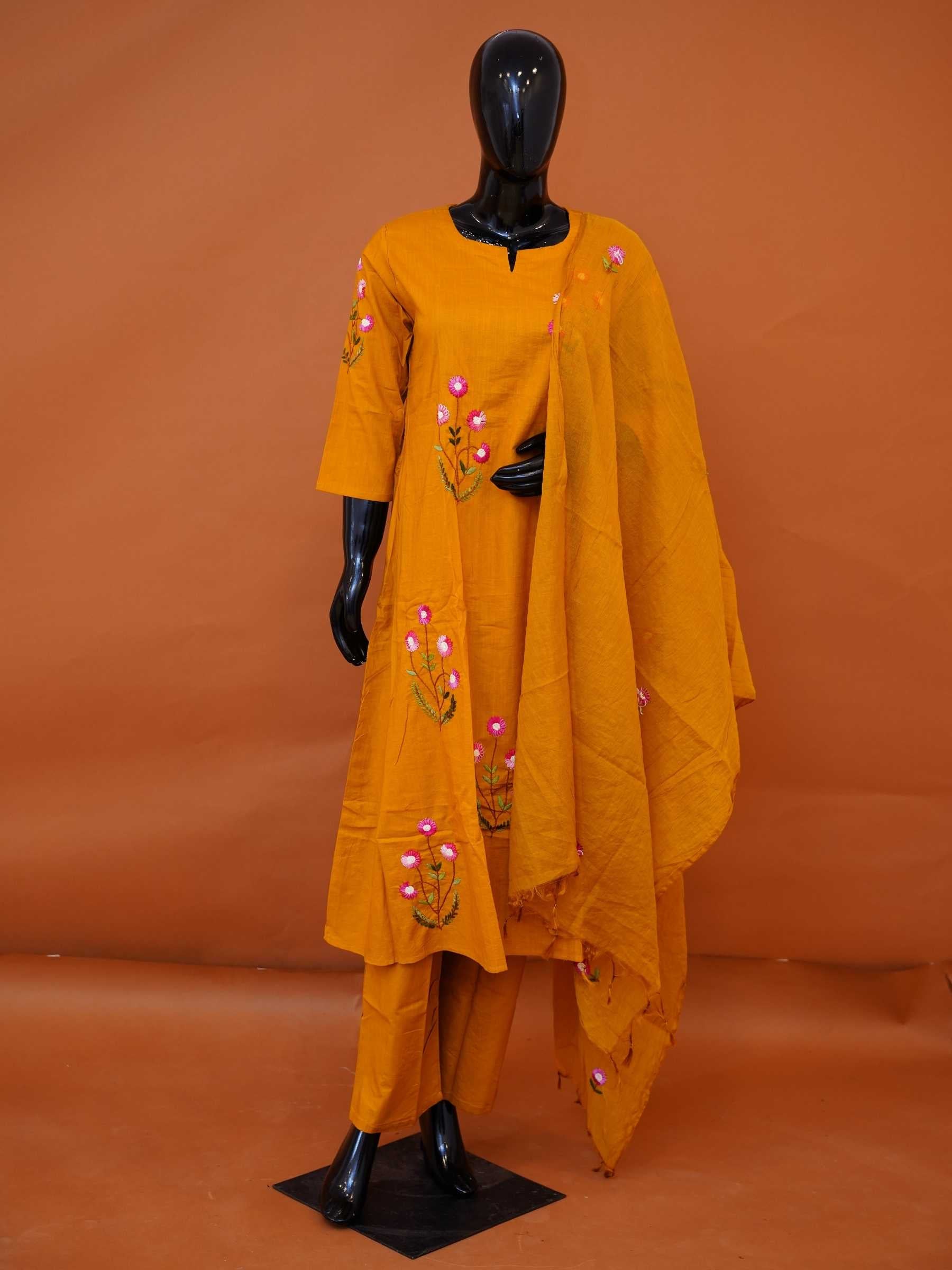 Mustard yellow muslin silk 3-piece suit set with pink floral embroidery